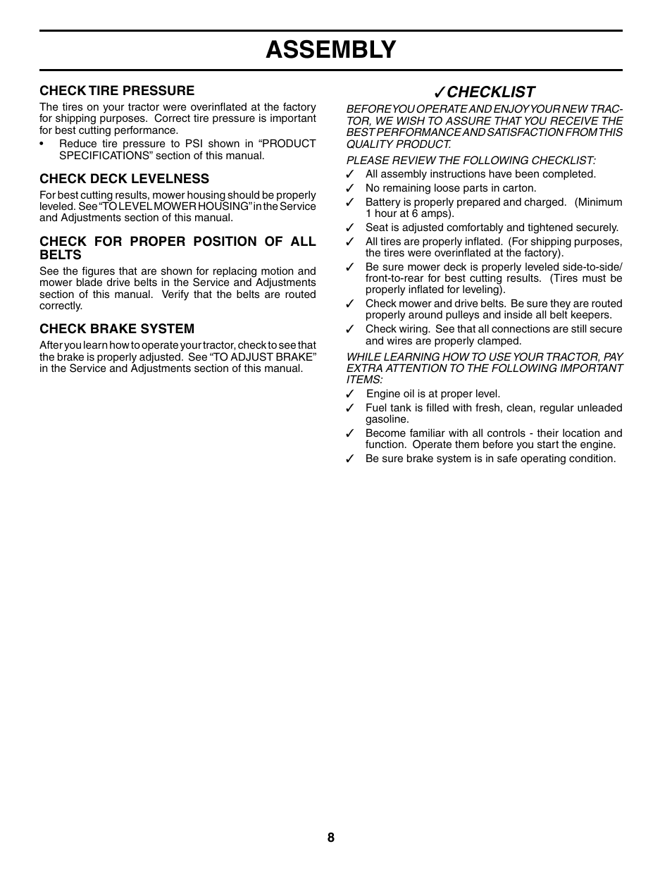 Assembly, Che cklist | Poulan 186888 User Manual | Page 8 / 48