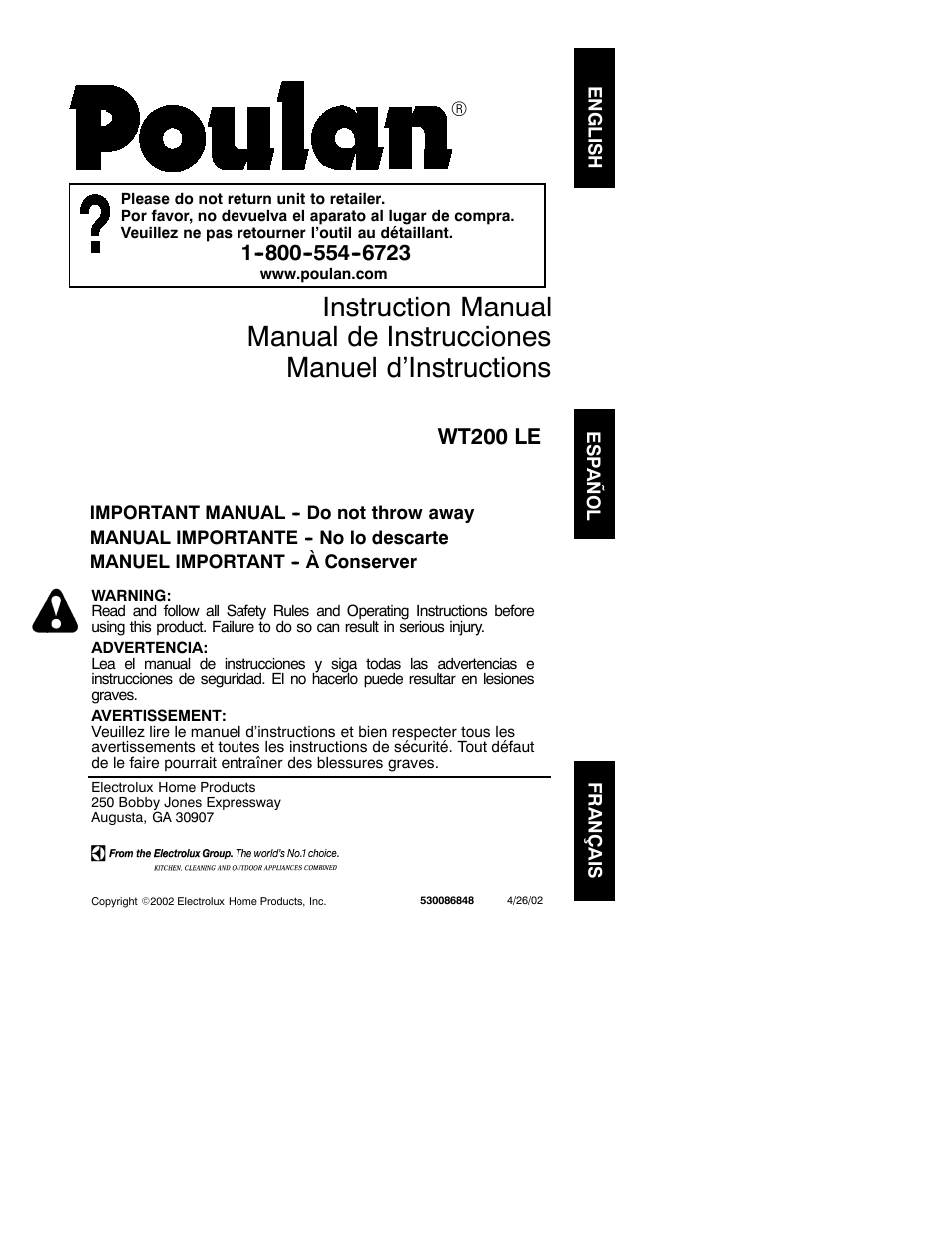 Poulan WT200 LE User Manual | 9 pages