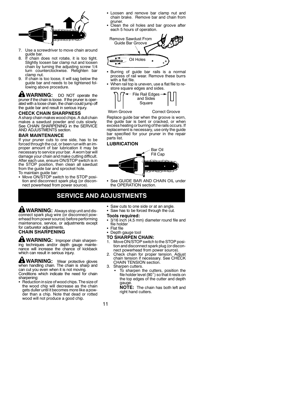 Service and adjustments, Warning | Poulan Pro PP5000P User Manual | Page 11 / 14