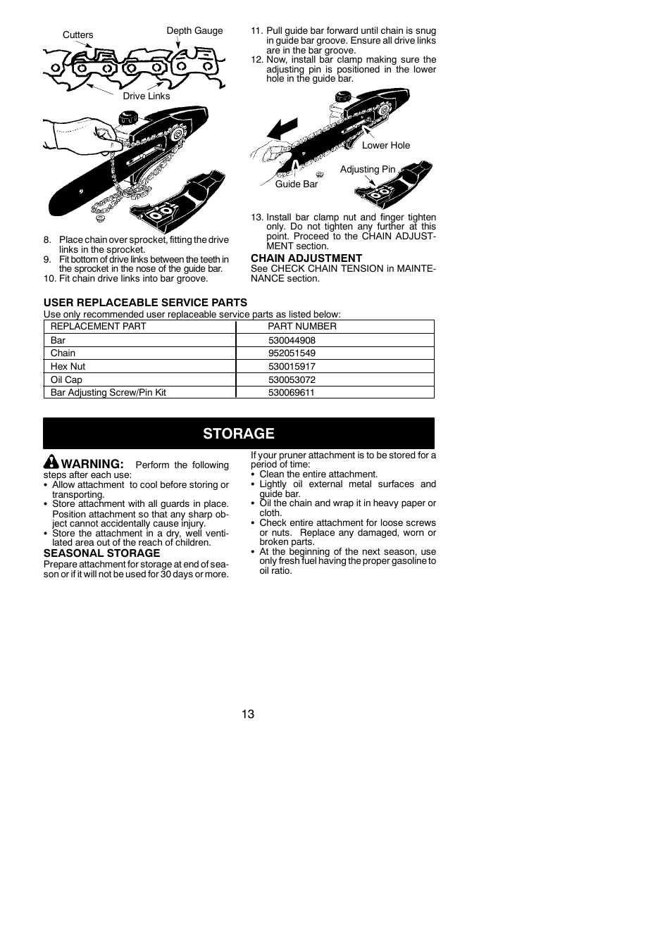 Storage, Warning | Poulan Pro PP5000P User Manual | Page 13 / 14