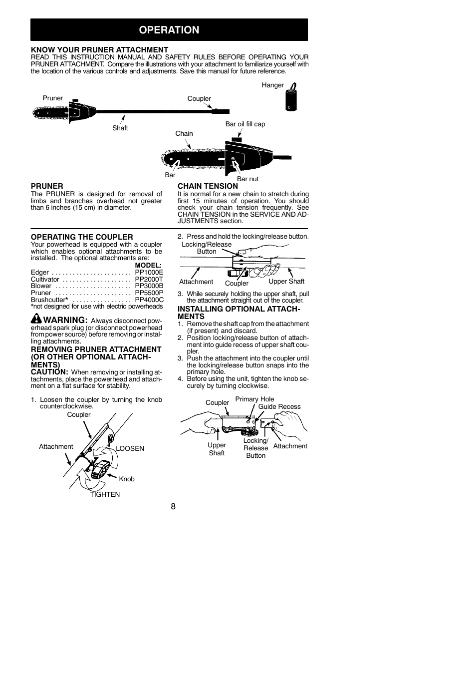 Operation, Warning | Poulan Pro PP5000P User Manual | Page 8 / 14