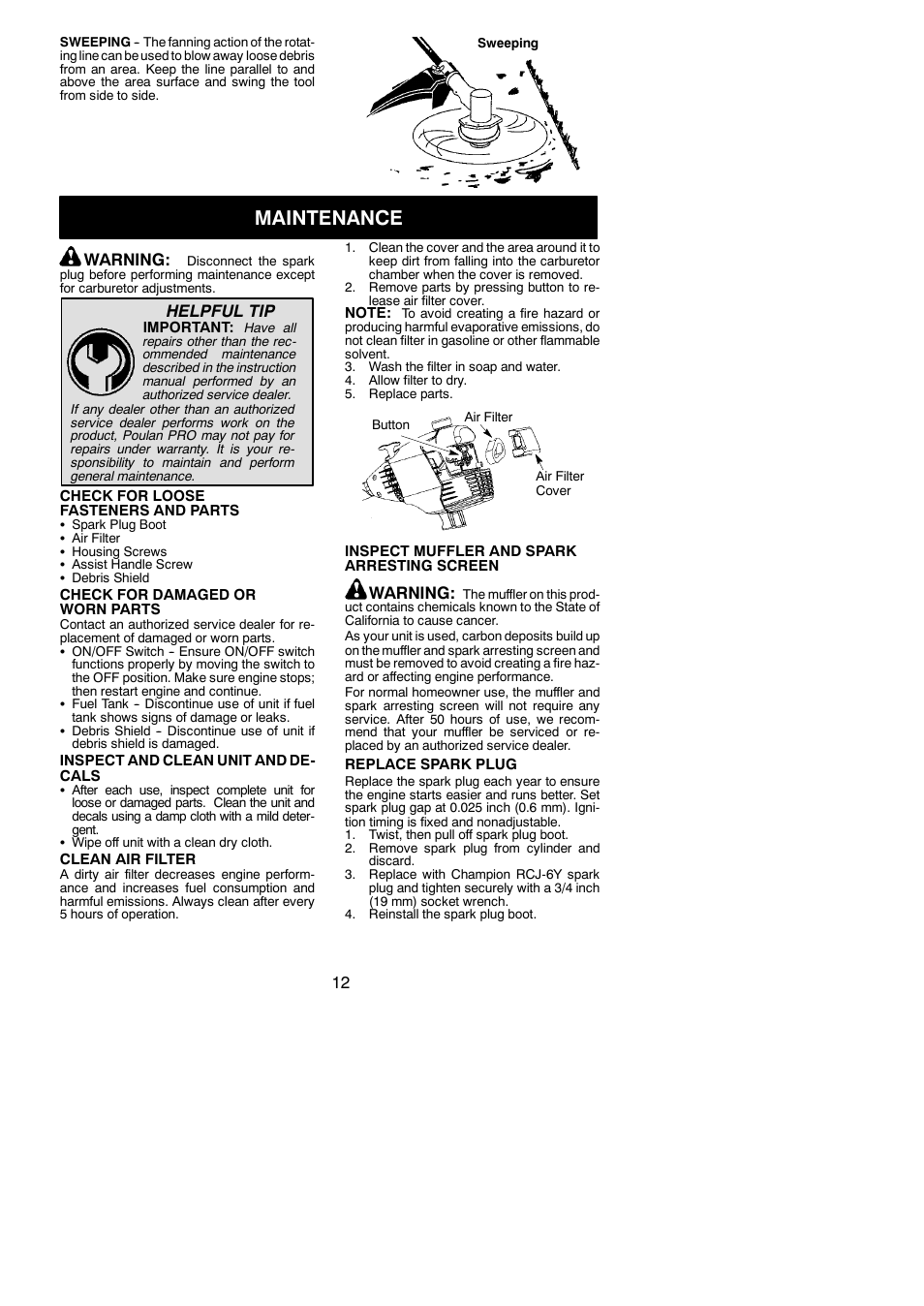 Maintenance, Warning, Helpful tip | Poulan 545123431 User Manual | Page 12 / 17