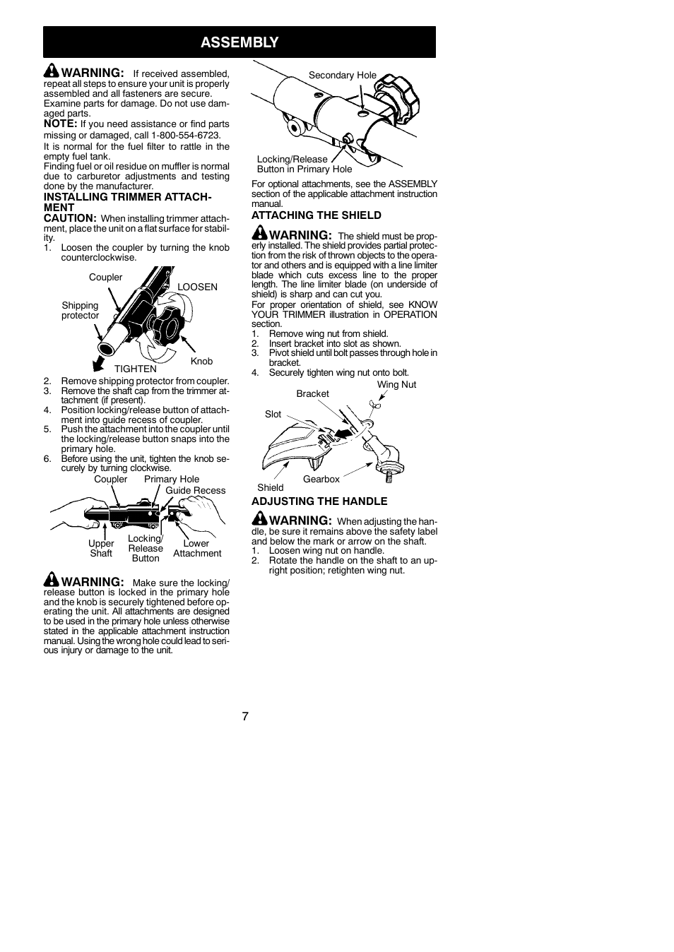 Assembly, Warning | Poulan 545123431 User Manual | Page 7 / 17