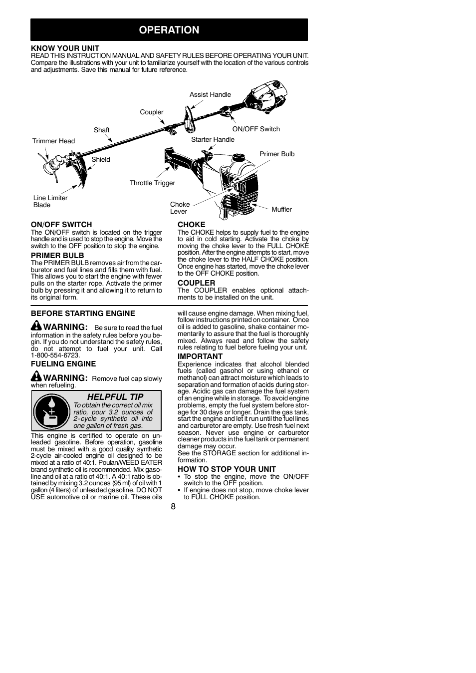 Operation, Warning, Helpful tip | Poulan 545123431 User Manual | Page 8 / 17