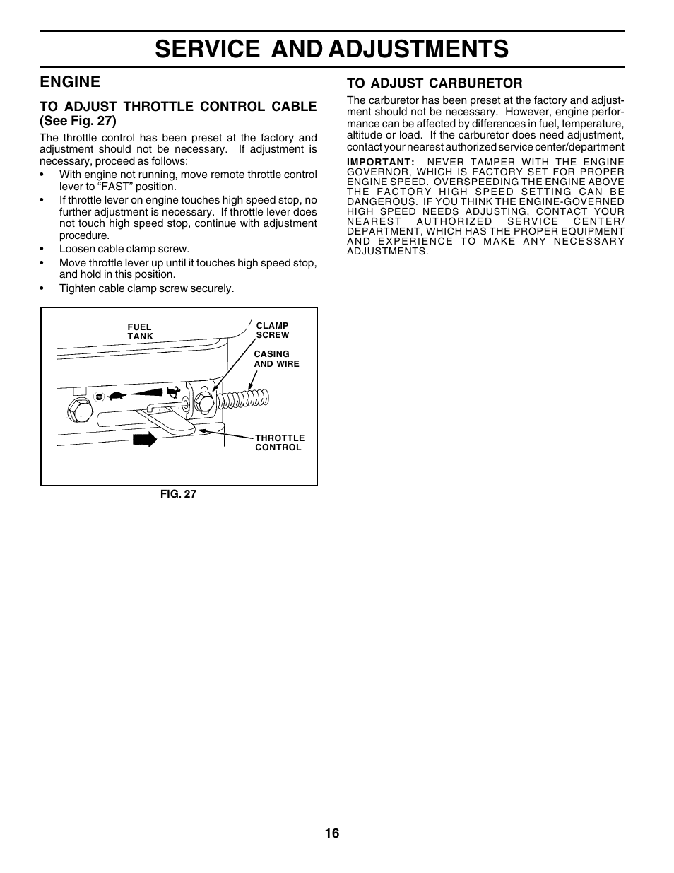 Service and adjustments, Engine | Poulan PRRT65A User Manual | Page 16 / 28