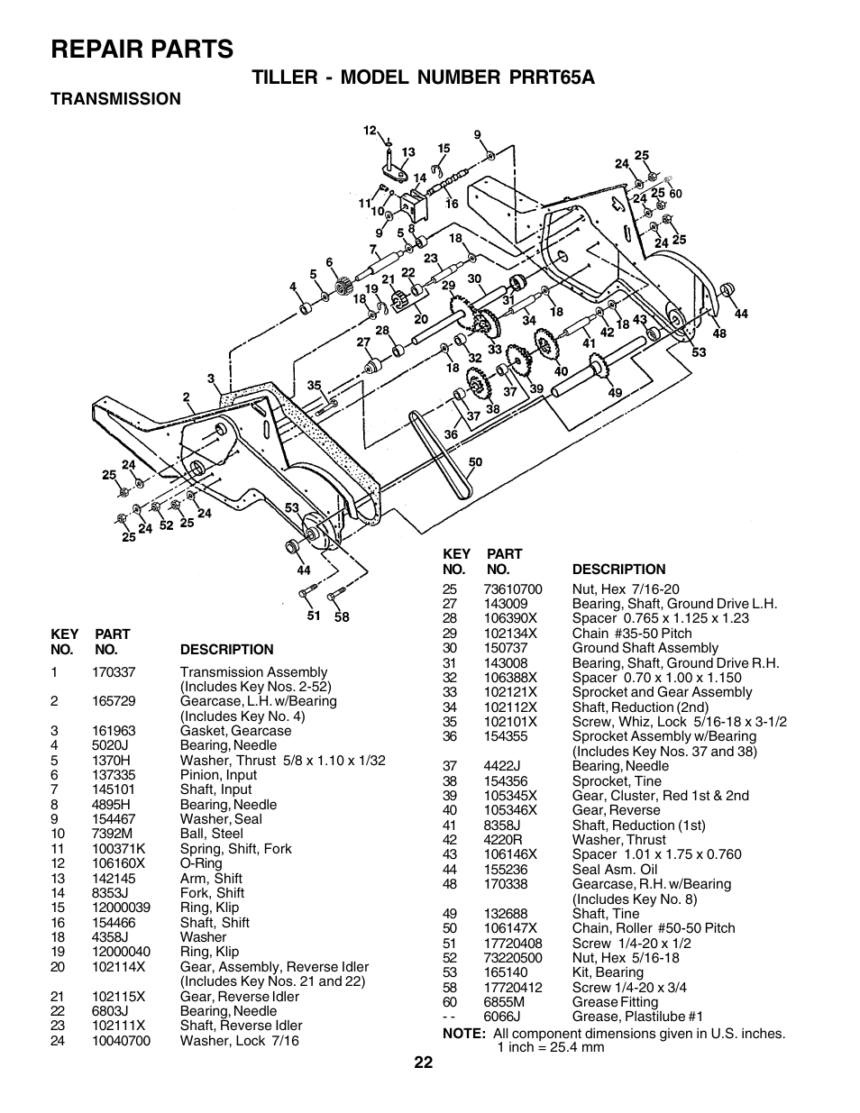 Repair parts, Tiller - model number prrt65a | Poulan PRRT65A User Manual | Page 22 / 28