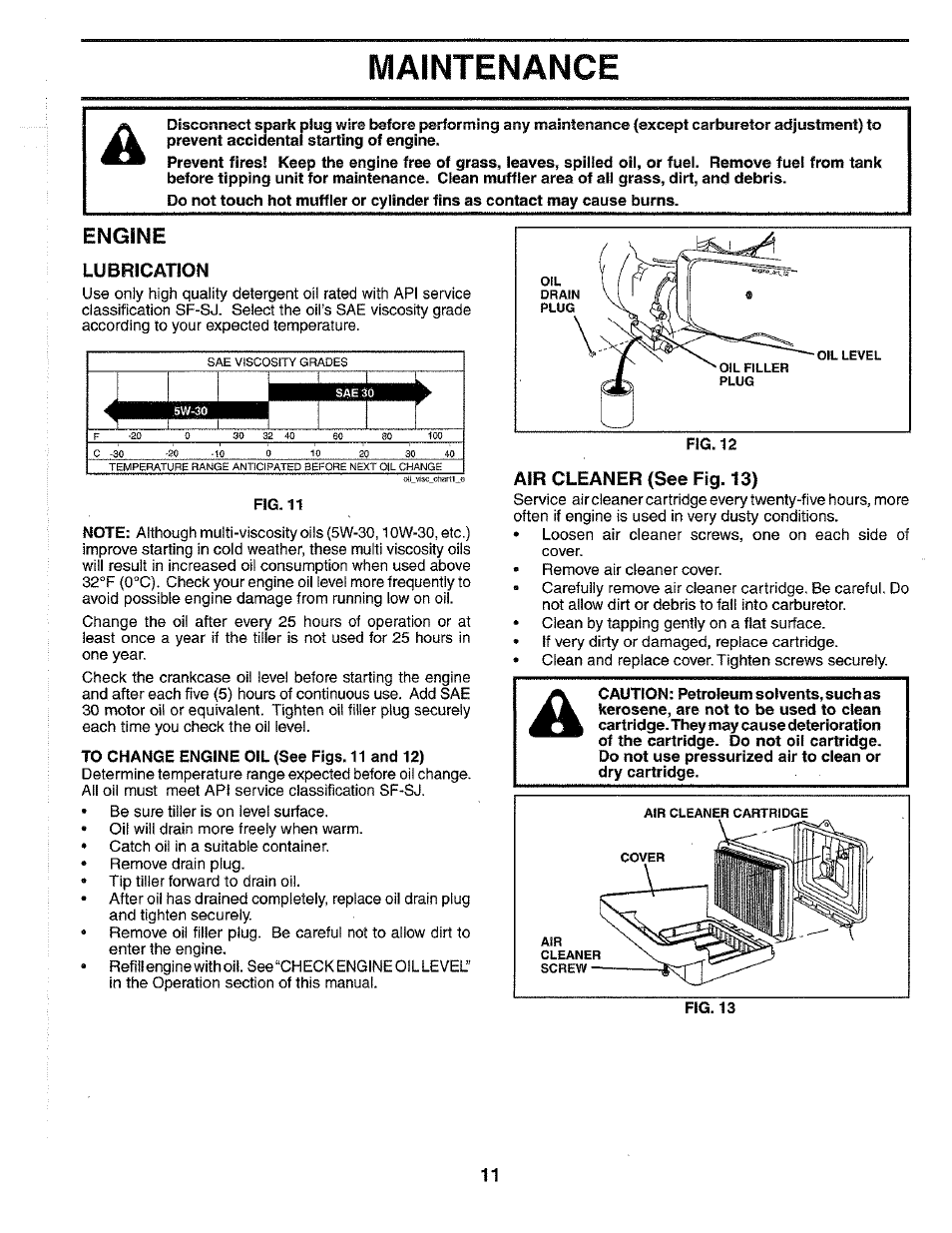 Lubrication, Air cleaner (see fig. 13, Maintenance | Engine | Poulan HDF550N User Manual | Page 11 / 24
