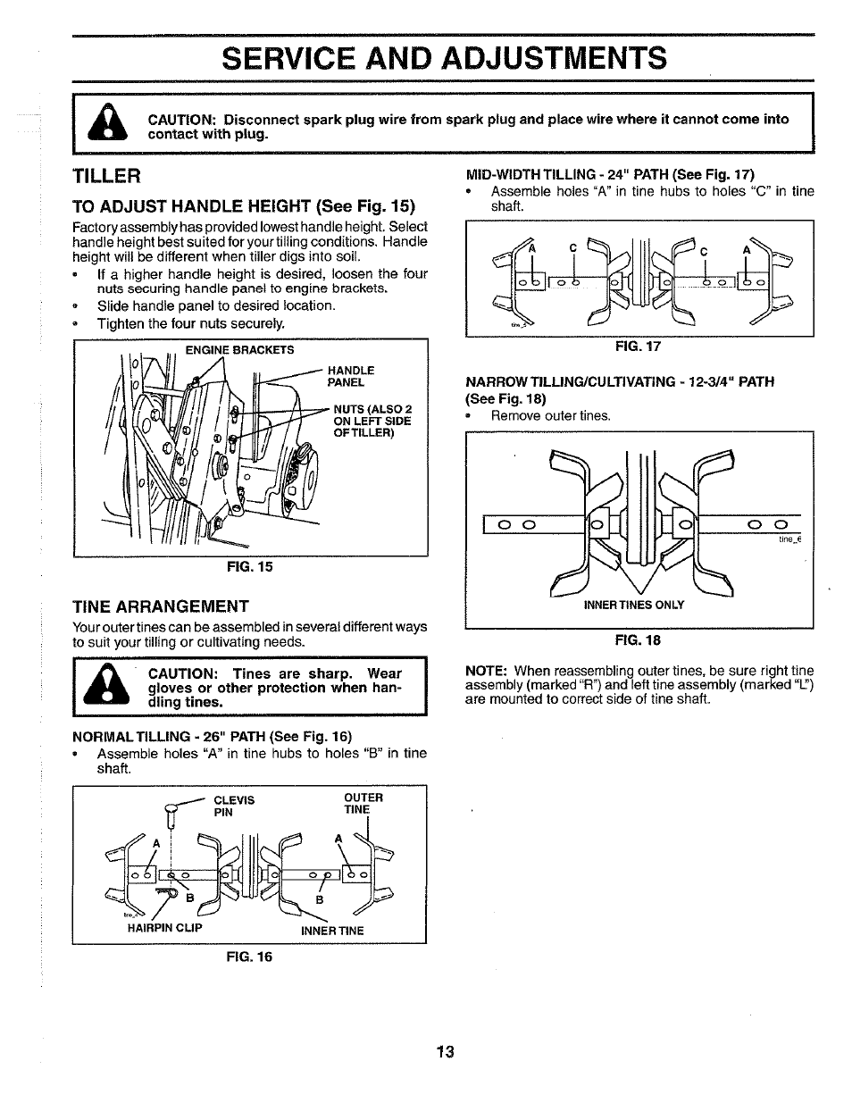To adjust handle height (see fig. 15), Tine arrangement, Service and adjustments | Tiller | Poulan HDF550N User Manual | Page 13 / 24