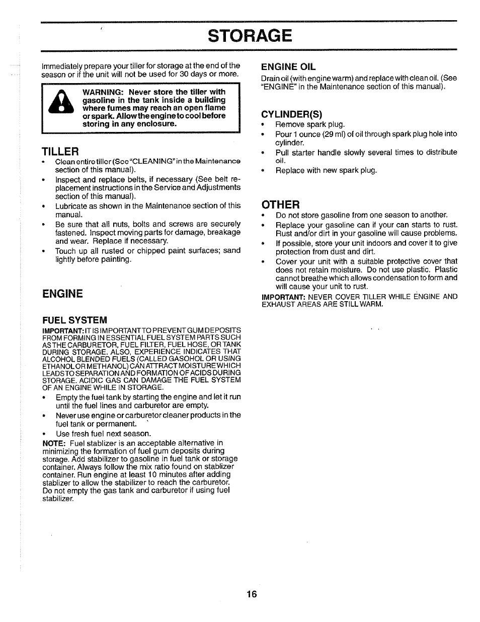 Storage, Tiller, Fuel system | Engine oil, Cylinder(s), Engine, Other | Poulan HDF550N User Manual | Page 16 / 24