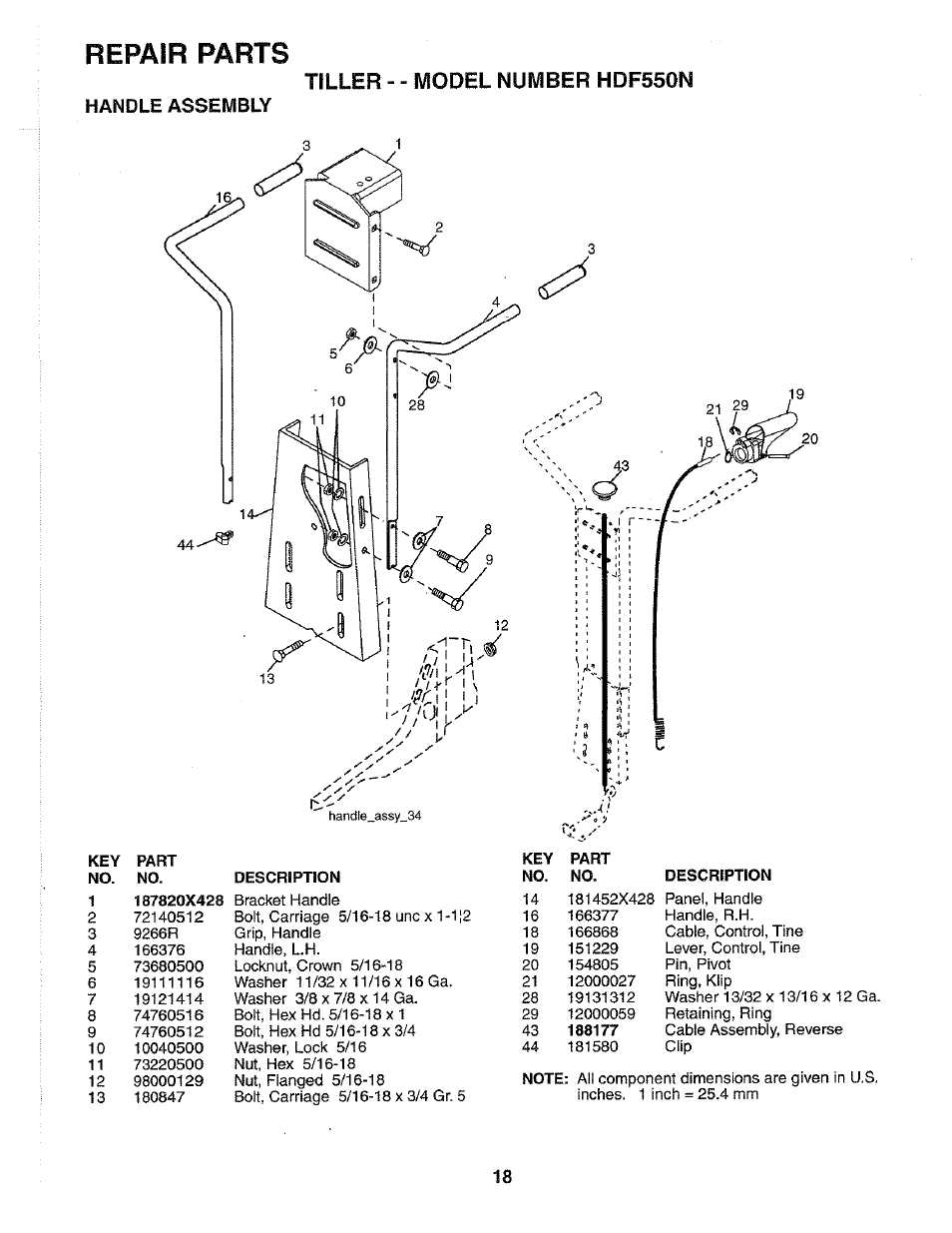 Repair parts, Tiller - - model number hdf550n, Handle assembly | Poulan HDF550N User Manual | Page 18 / 24