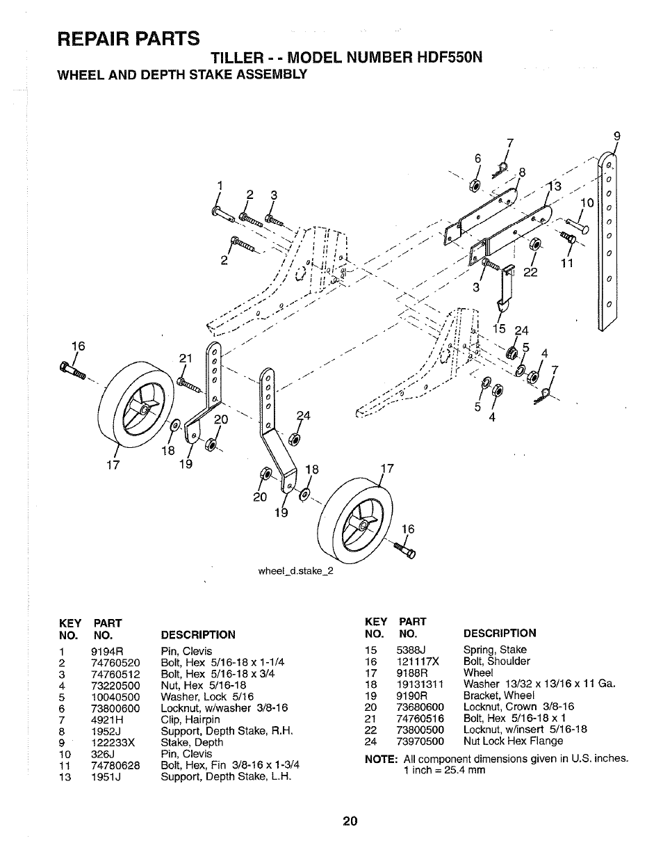 Wheel and depth stake assembly, Repair parts, Tiller - - model number hdf550n | Poulan HDF550N User Manual | Page 20 / 24