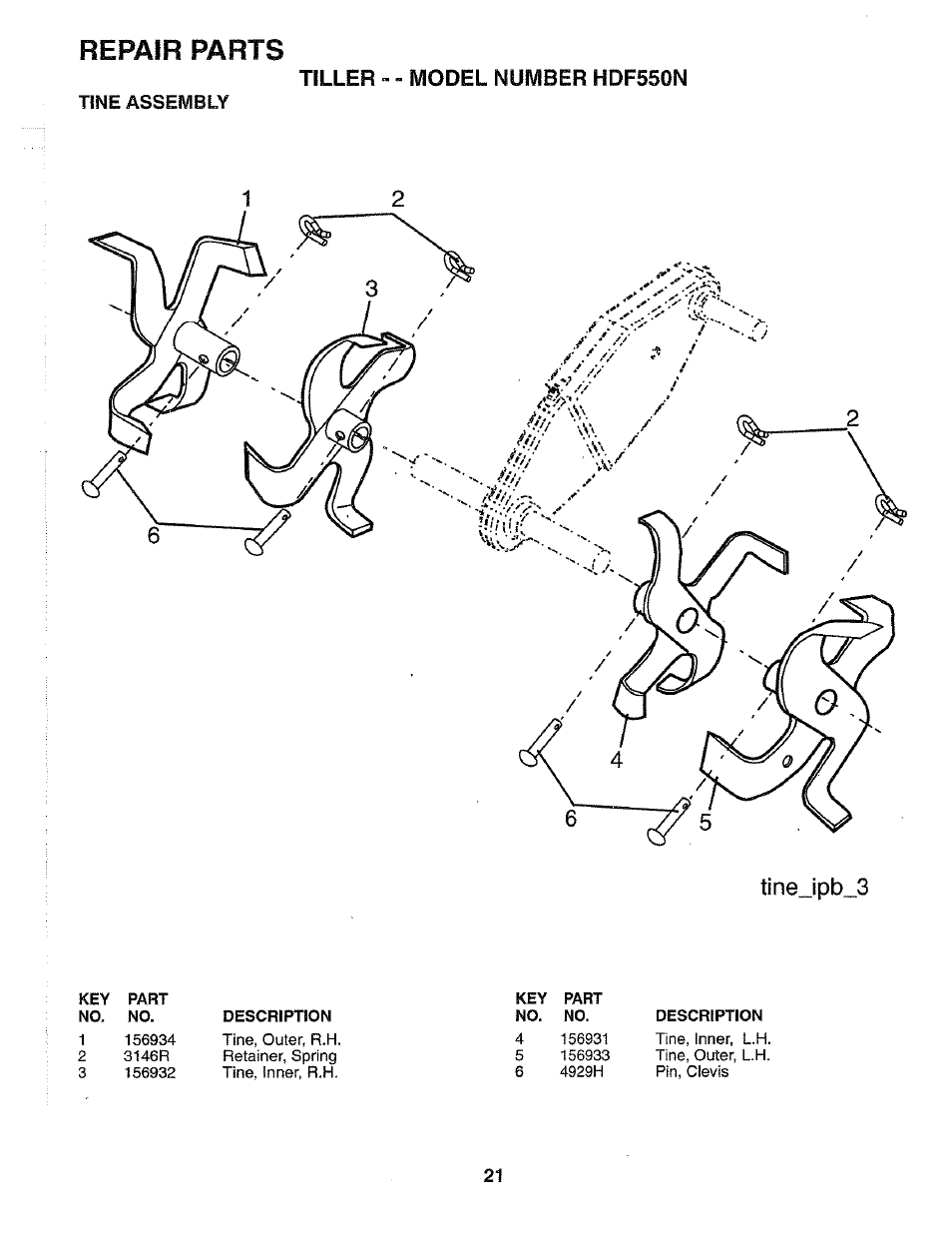 Tine assembly, Repair parts, Number | Tiller - - model, Hdf550n, Tinejpb_3 | Poulan HDF550N User Manual | Page 21 / 24