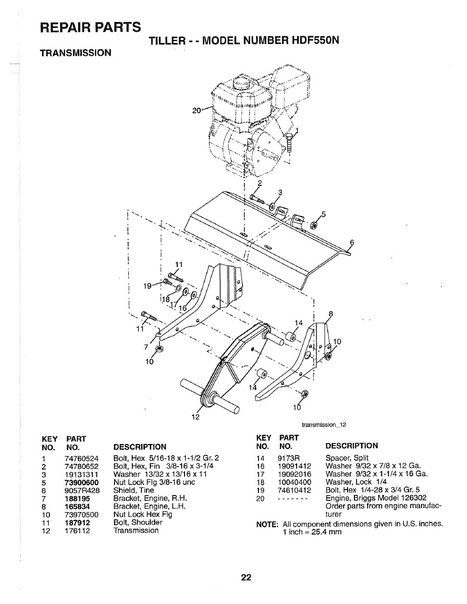 Repair parts, Tiller - - model number hdf550n, Transmission | Poulan HDF550N User Manual | Page 22 / 24