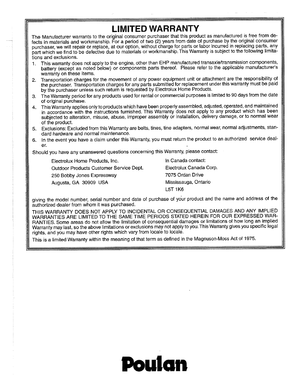 Limited warranty, Poulon | Poulan HDF550N User Manual | Page 24 / 24