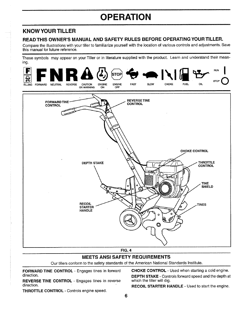 Know your tiller, Meets ansi safety requirements, Operation | Poulan HDF550N User Manual | Page 6 / 24