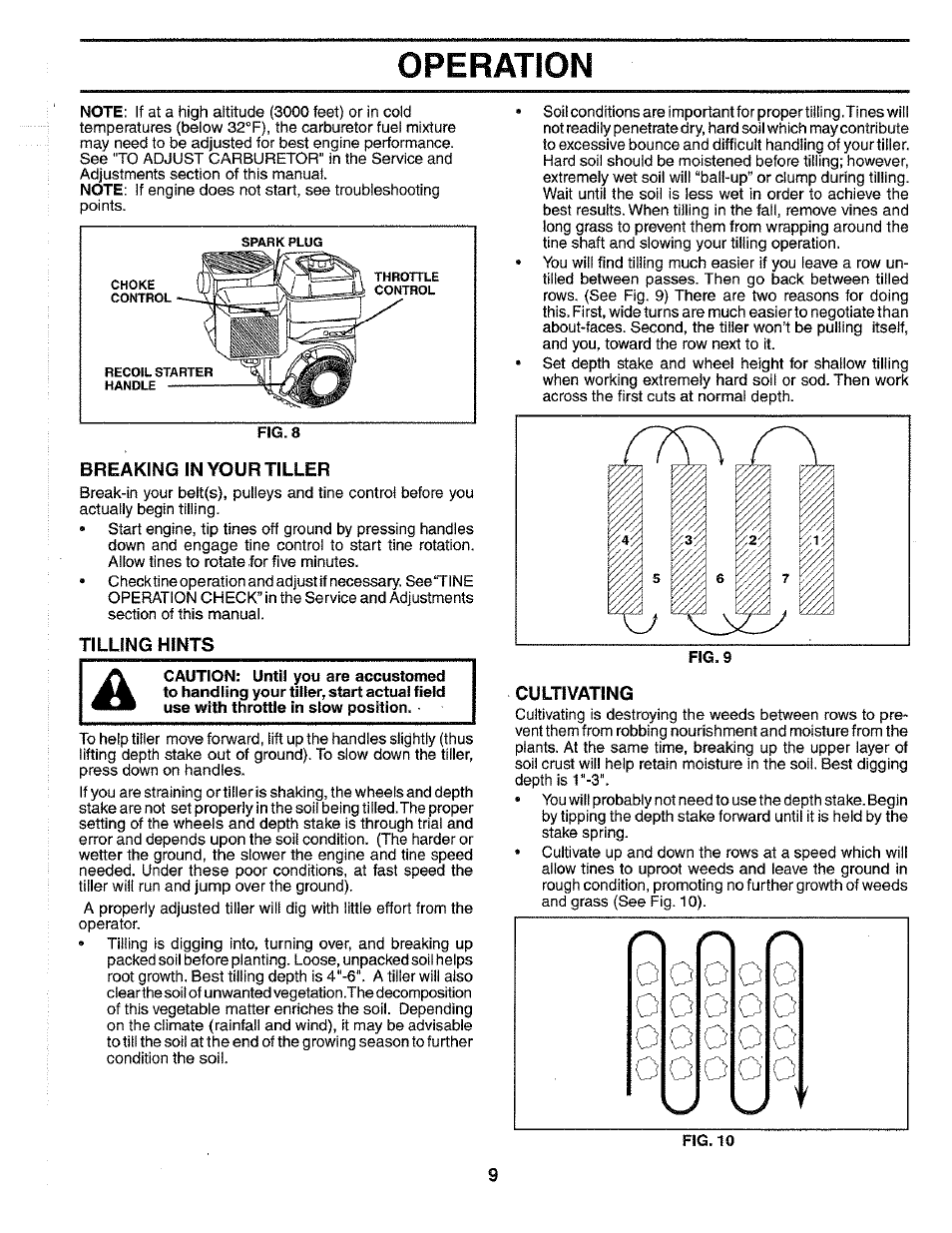 Breaking in your tiller, Tilling hints, Cultivating | Operation | Poulan HDF550N User Manual | Page 9 / 24