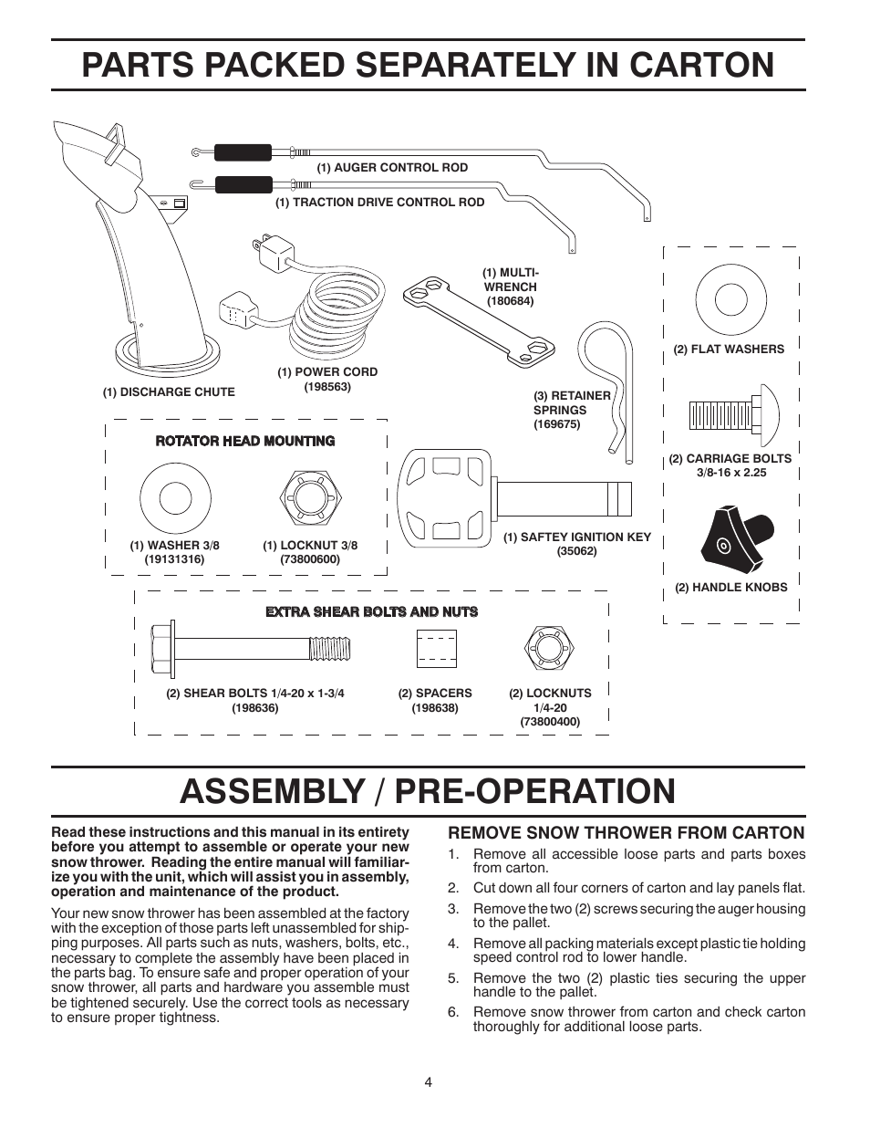 Parts packed separately in carton, Assembly / pre-operation, Remove snow thrower from car ton | Poulan 422075 User Manual | Page 4 / 40