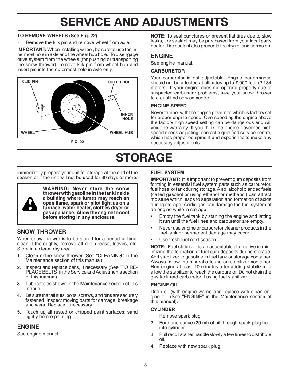 Service and adjustments storage | Poulan 414639 User Manual | Page 18 / 32