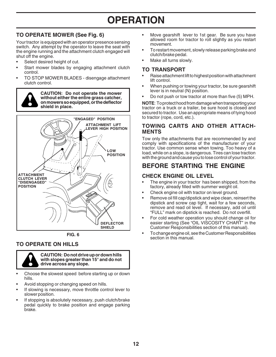 Operation, Before starting the engine | Poulan 183313 User Manual | Page 12 / 48