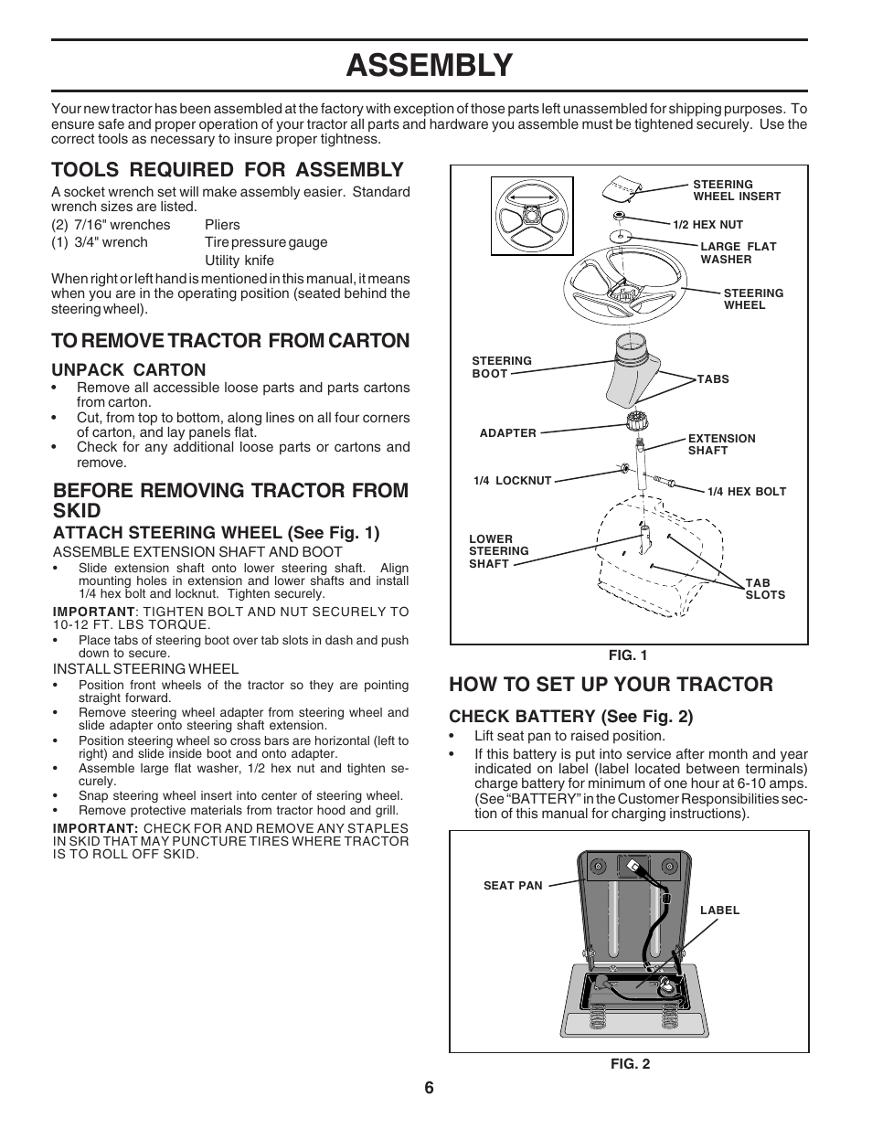 Assembly, How to set up your tractor, Tools required for assembly | Before removing tractor from skid | Poulan 183313 User Manual | Page 6 / 48