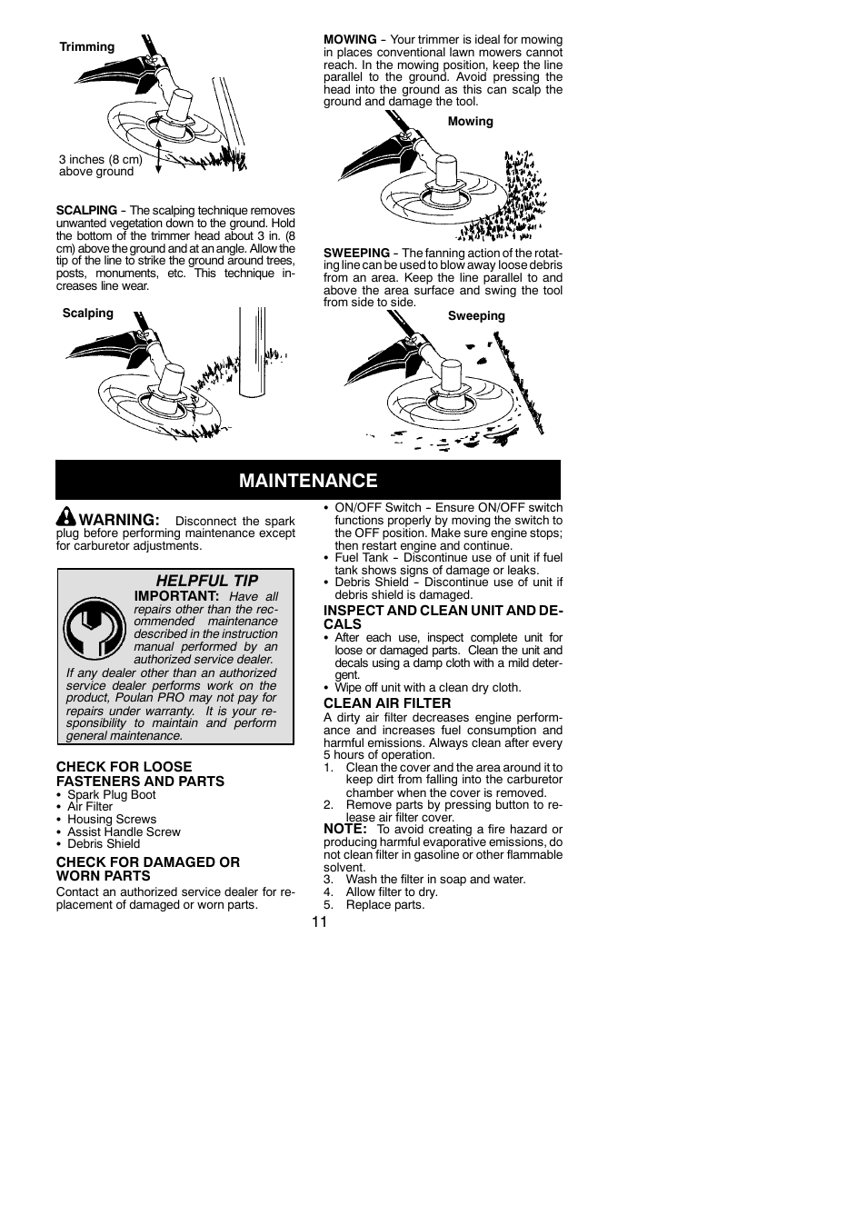 Maintenance, Warning, Helpful tip | Poulan PPB250E User Manual | Page 11 / 16