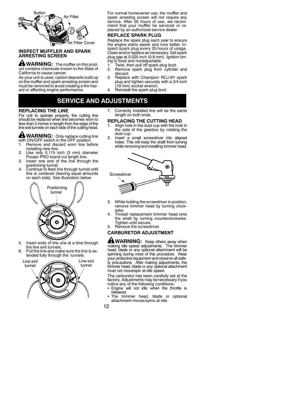 Service and adjustments, Warning | Poulan PPB250E User Manual | Page 12 / 16