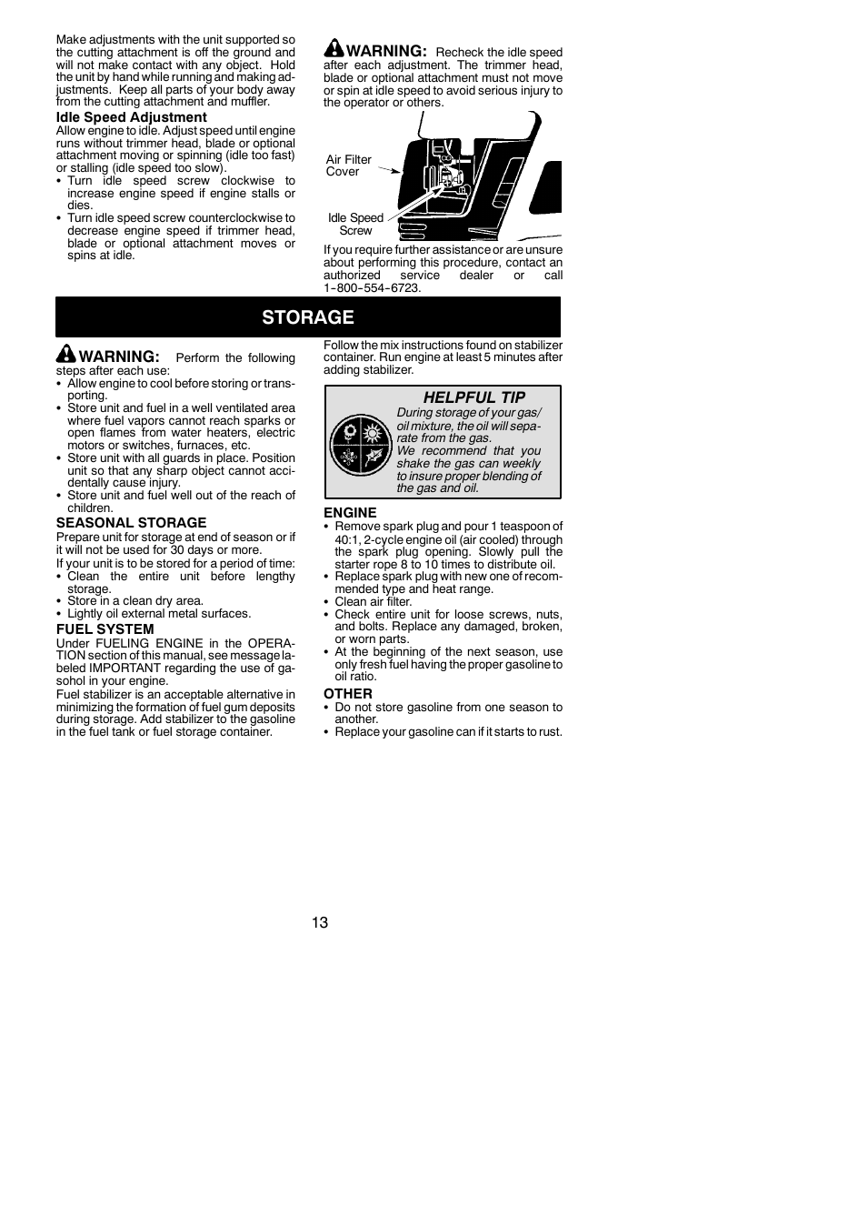 Storage, Warning, Helpful tip | Poulan PPB250E User Manual | Page 13 / 16