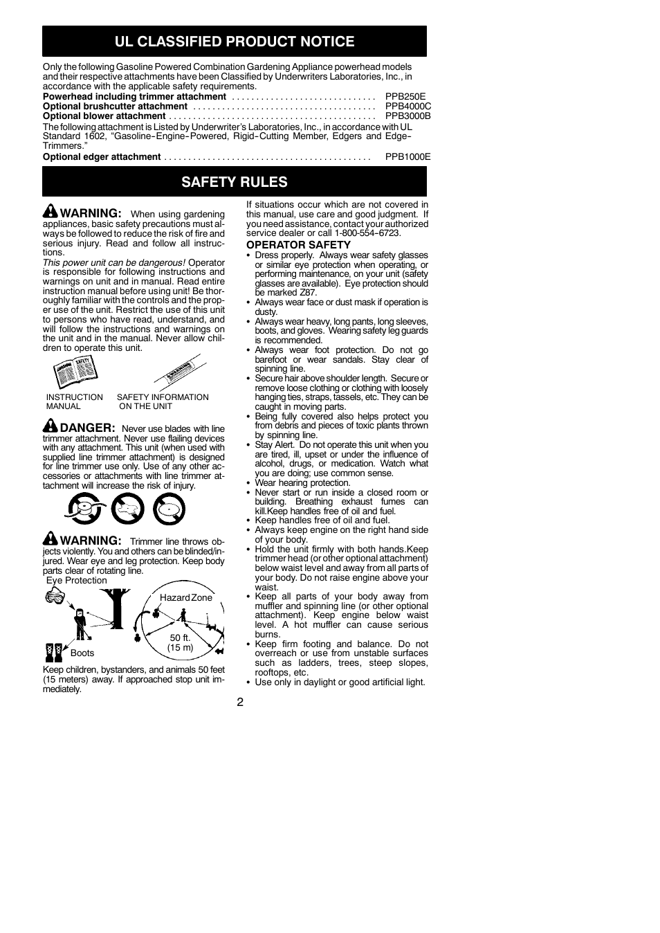 Ul classified product notice, Safety rules, Warning | Danger | Poulan PPB250E User Manual | Page 2 / 16