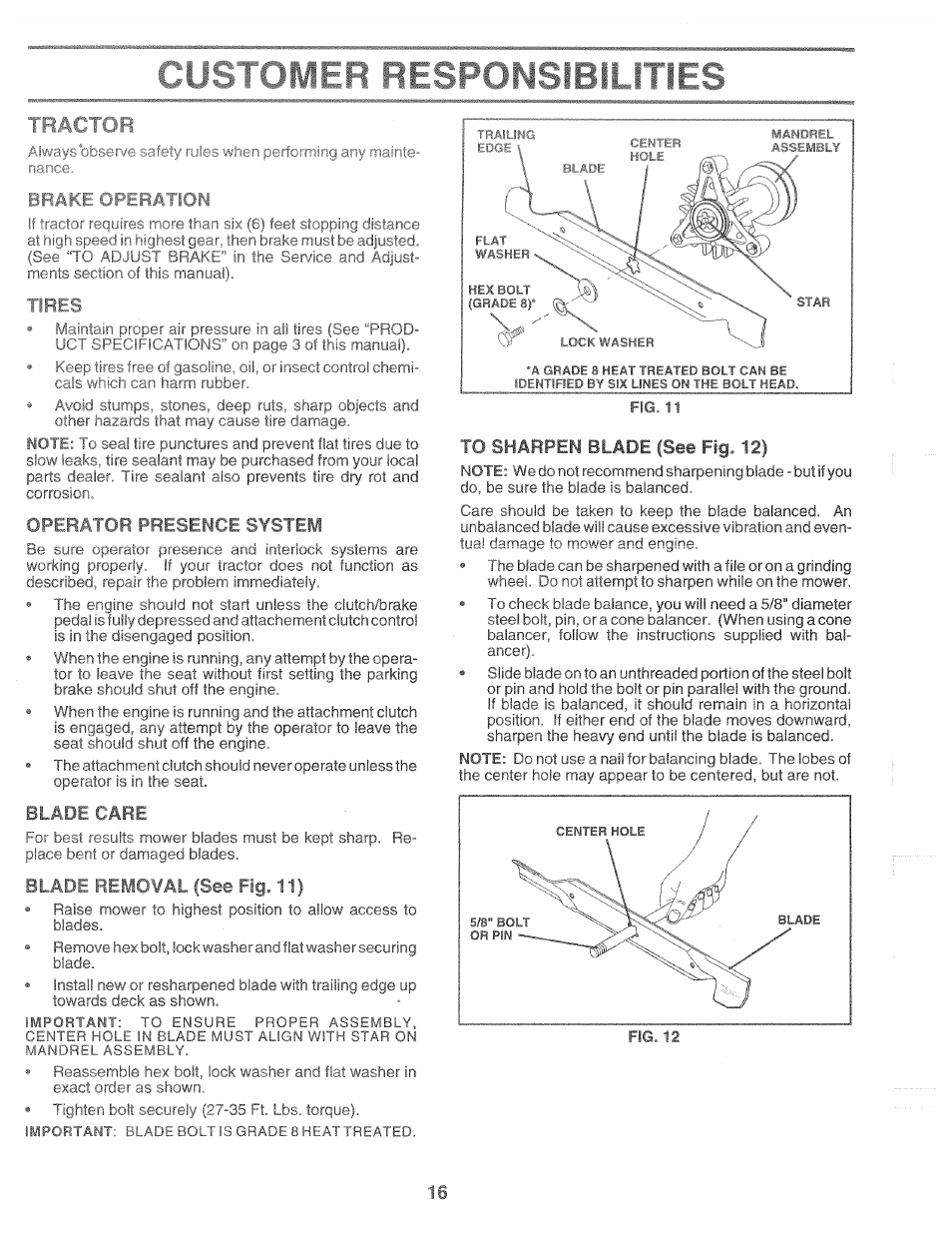 Tractor, Opr.r/' k?f] reijc r, Plder ftemcval (see fig. 11) | To sharpen blade (see fig. 12) | Poulan 165370 User Manual | Page 16 / 48