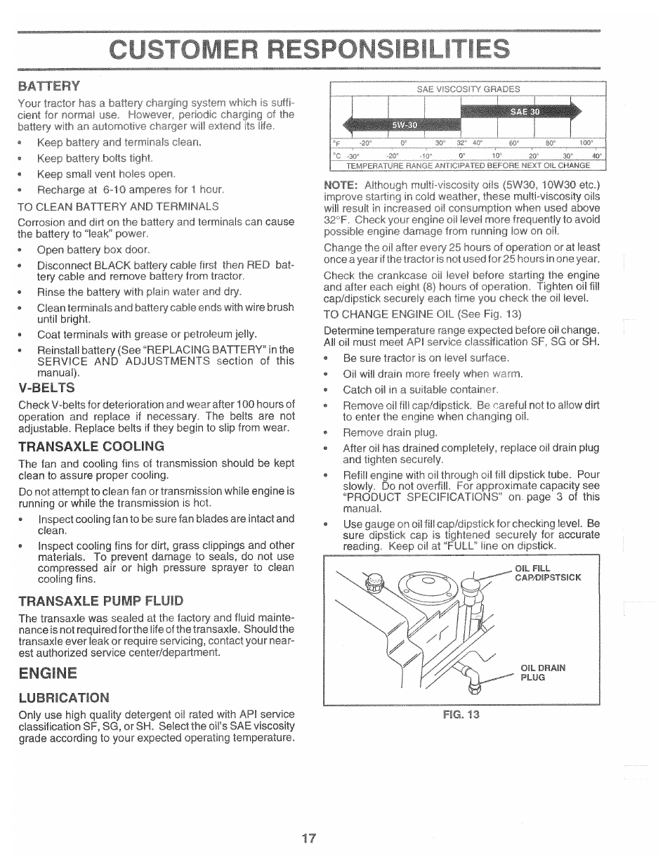 Battery, V-belts, Transaxle cooling | Transaxle puwp fluid, Lubrication, Engine, 1 battery | Poulan 165370 User Manual | Page 17 / 48