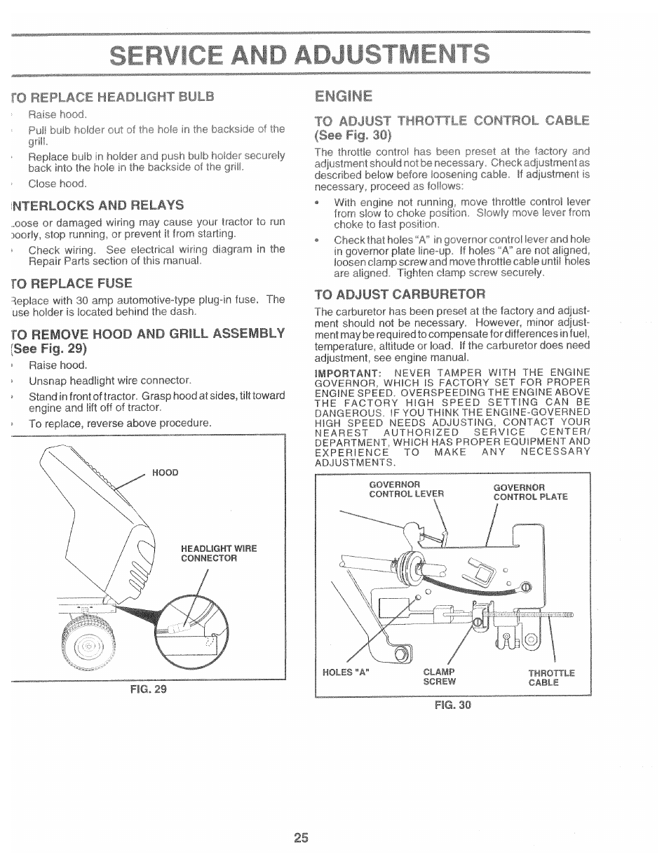Nterlock^^ and rel afb, So berlate flisr, Ío remove hood and obill assembly see fig 29) | To adjust f arblihctfjs, E and adjustme | Poulan 165370 User Manual | Page 25 / 48