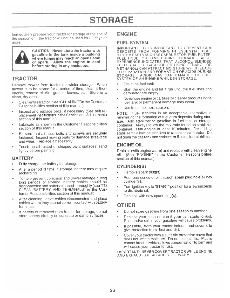 Battery, Engine oil, Cylinderfs) | Storage, 01 heb | Poulan 165370 User Manual | Page 26 / 48