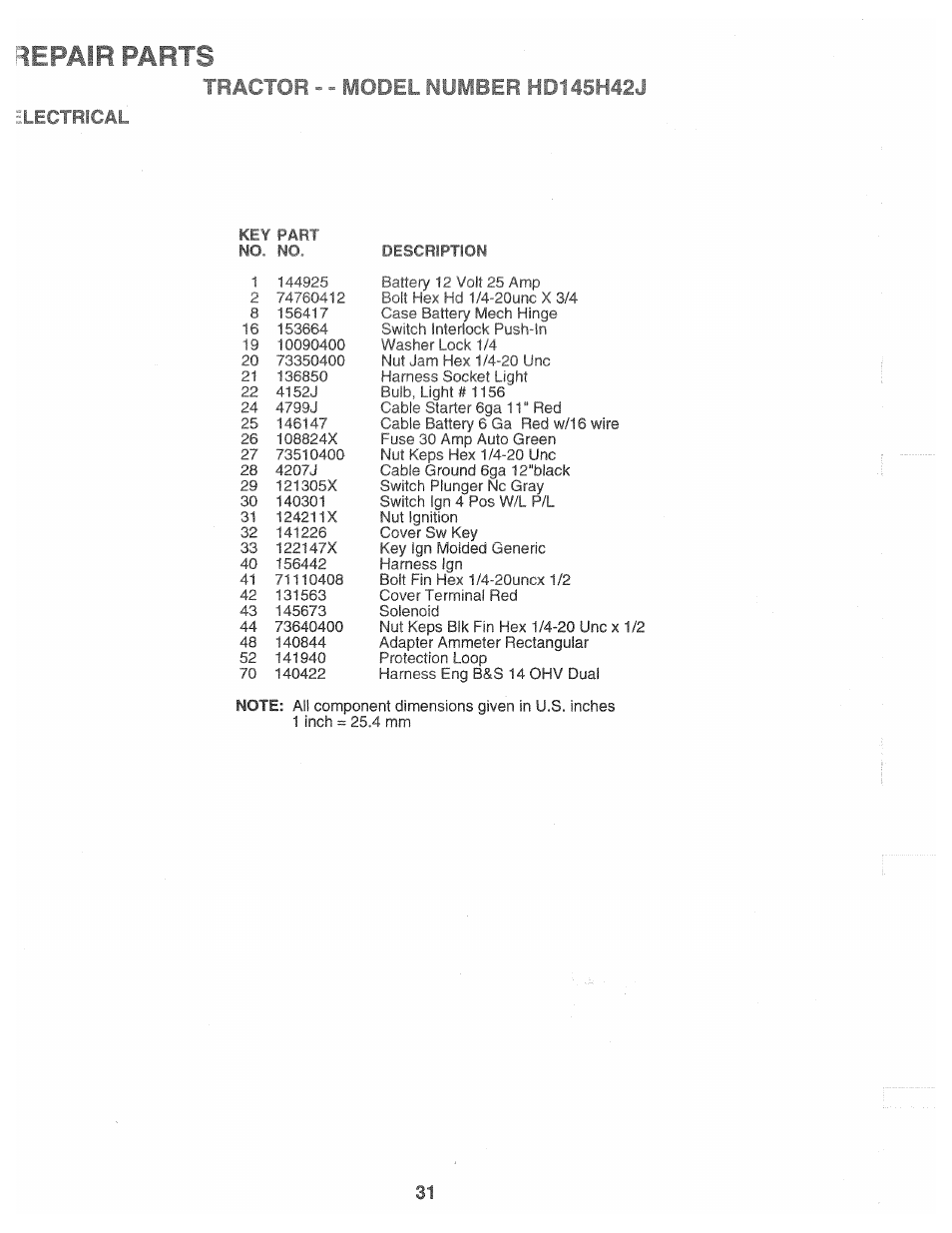 Lectrical, Repair parts | Poulan 165370 User Manual | Page 31 / 48