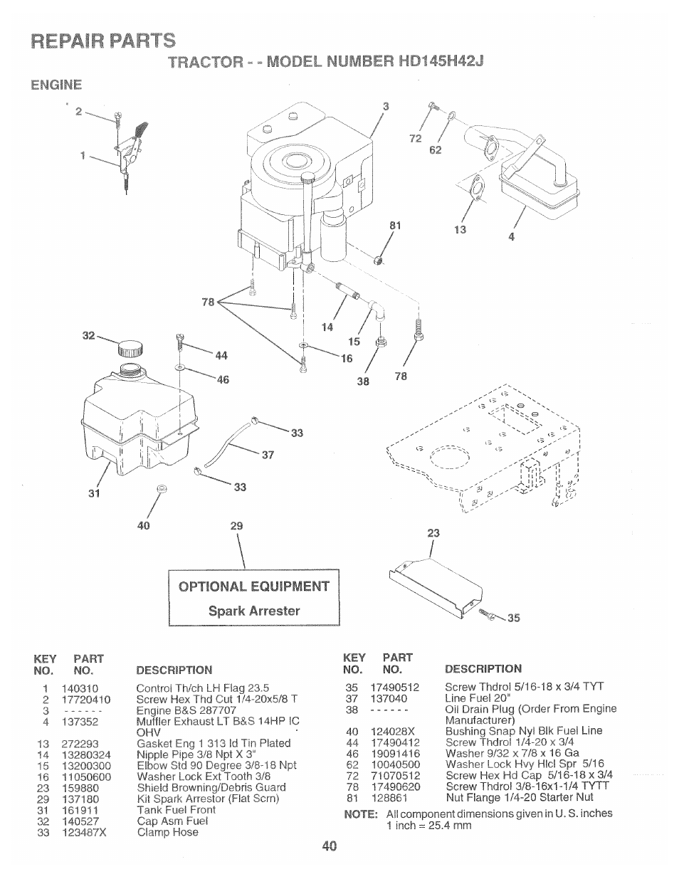 Optional equipment spark arrester, Repair parts, Mc- ^5h42j | P tiqini ¿87, Muff!»'r l--ri i'l&t l i bs, 4mp 1c ohv | Poulan 165370 User Manual | Page 40 / 48