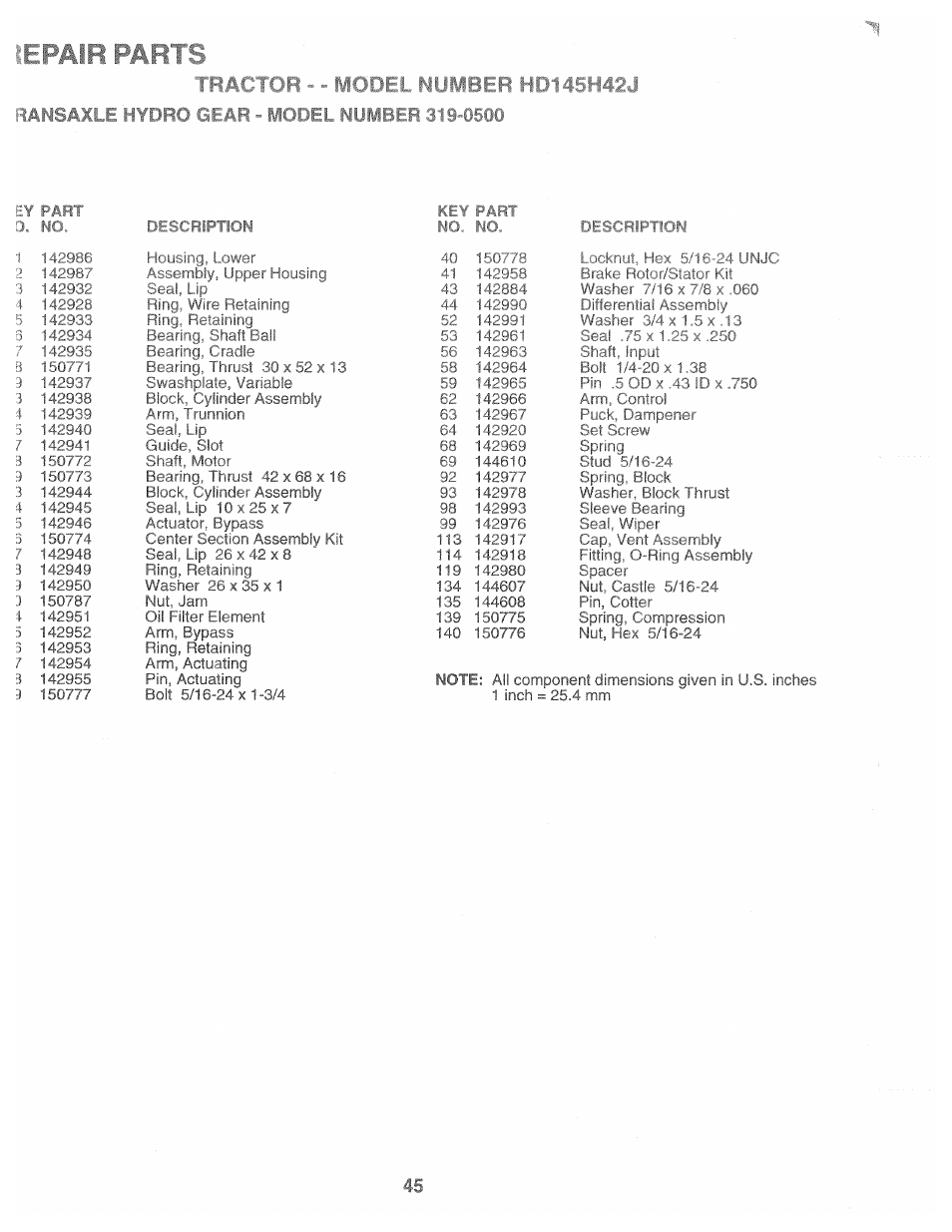 Lepair parts, Gear, Numb | Poulan 165370 User Manual | Page 45 / 48