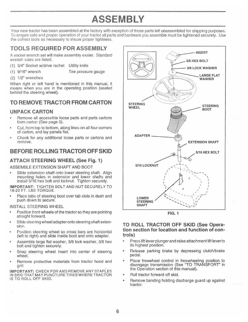 Assembly, Fi'» liijvr ; hal l jr from carton, F .^iiton | Beh irt holling tractor off skid, Atlai t sieering wheel (see fig. 1), S re, Beh irt holling, Off skid | Poulan 165370 User Manual | Page 6 / 48