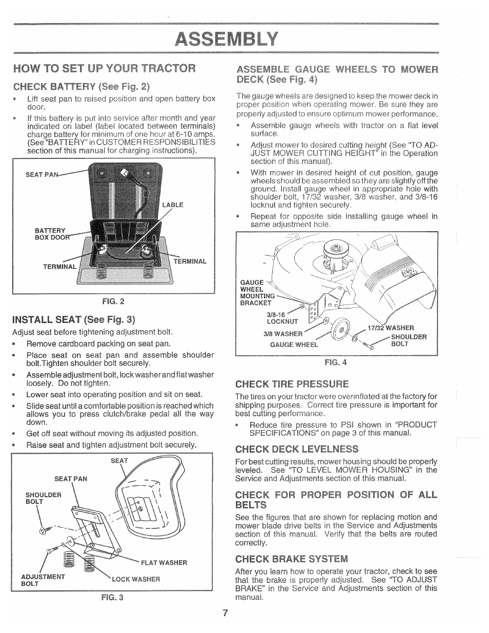 Assembly, Install seat (see fig. 3), Check tire г | Poulan 165370 User Manual | Page 7 / 48