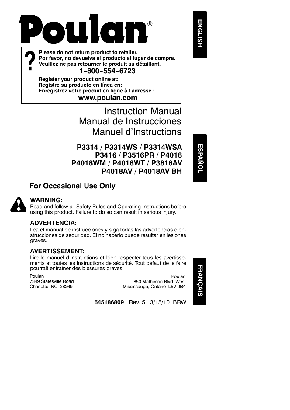 Poulan 952802151 User Manual | 21 pages