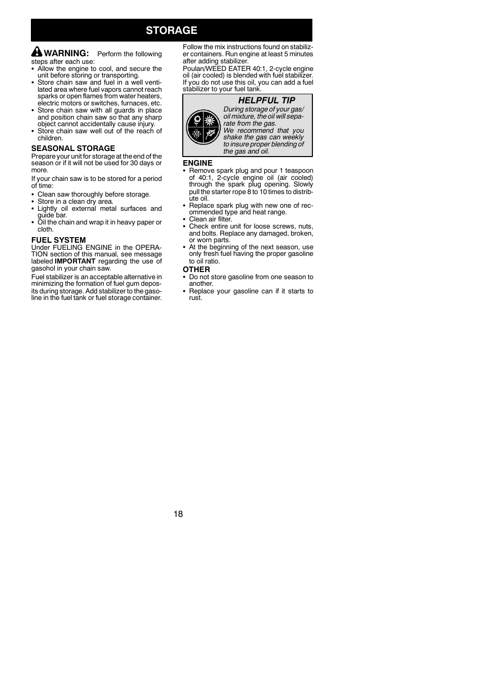 Storage, Warning, Helpful tip | Poulan 952802151 User Manual | Page 18 / 21