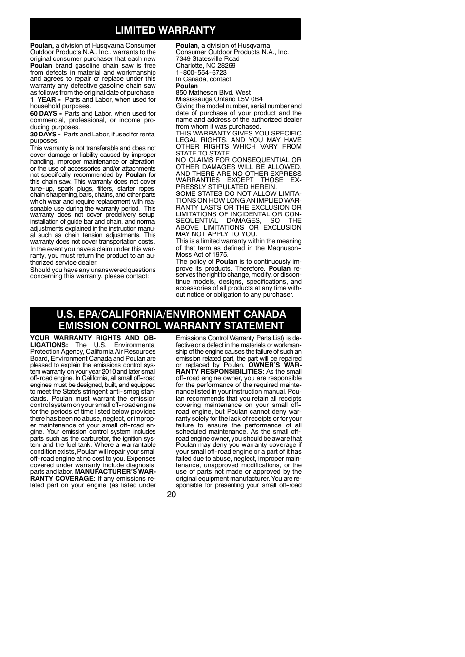 Limited warranty | Poulan 952802151 User Manual | Page 20 / 21