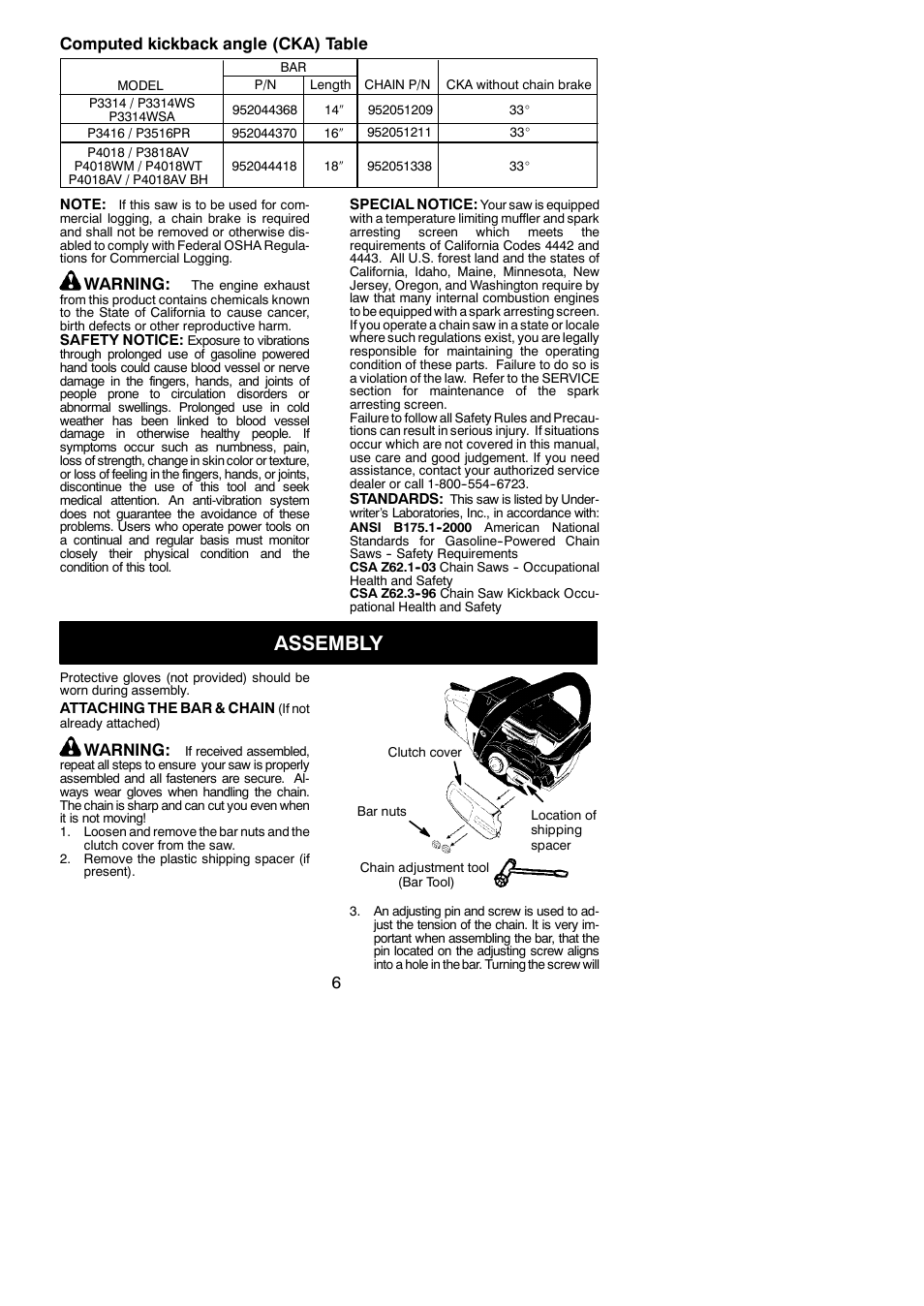 Assembly, 6computed kickback angle (cka) table, Warning | Poulan 952802151 User Manual | Page 6 / 21