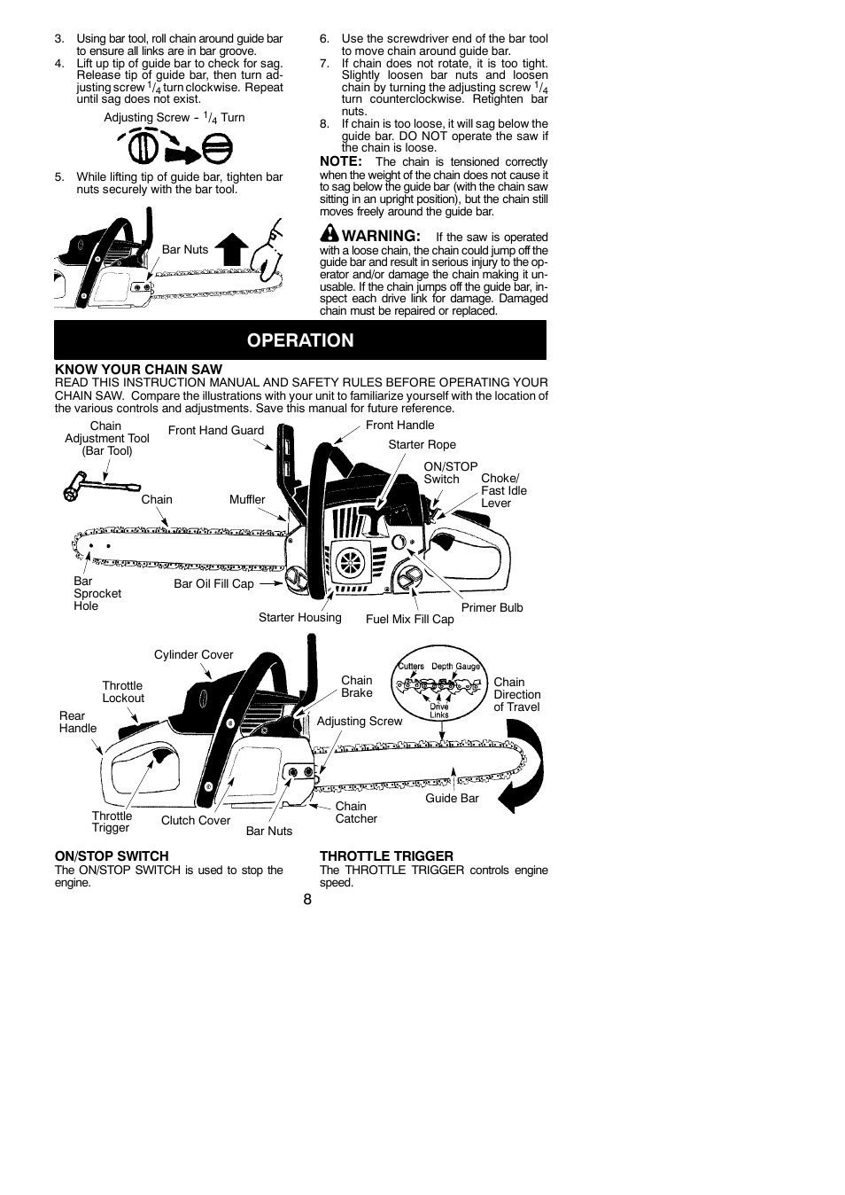 Operation, Warning | Poulan 952802151 User Manual | Page 8 / 21
