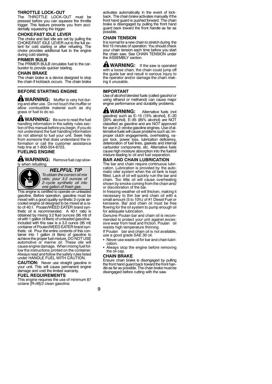 Warning, Helpful tip | Poulan 952802151 User Manual | Page 9 / 21