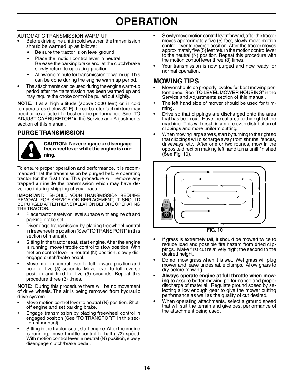 Operation, Mowing tips | Poulan XT24H42LT User Manual | Page 14 / 30