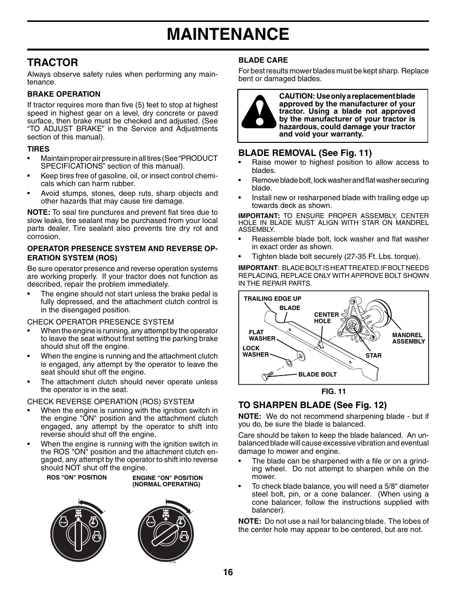 Maintenance, Tractor | Poulan XT24H42LT User Manual | Page 16 / 30