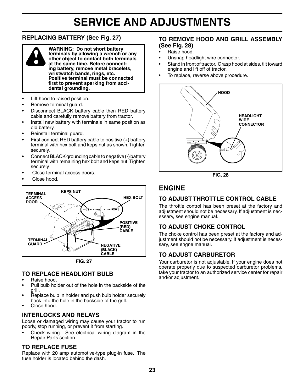 Service and adjustments, Engine | Poulan XT24H42LT User Manual | Page 23 / 30