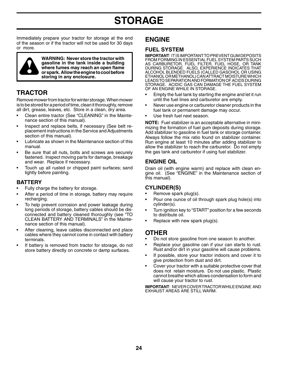 Storage, Tractor, Engine | Other | Poulan XT24H42LT User Manual | Page 24 / 30