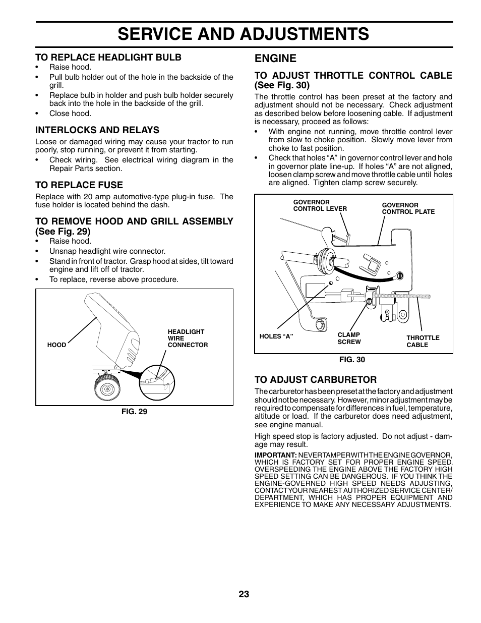 Service and adjustments, Engine | Poulan 184518 User Manual | Page 23 / 48