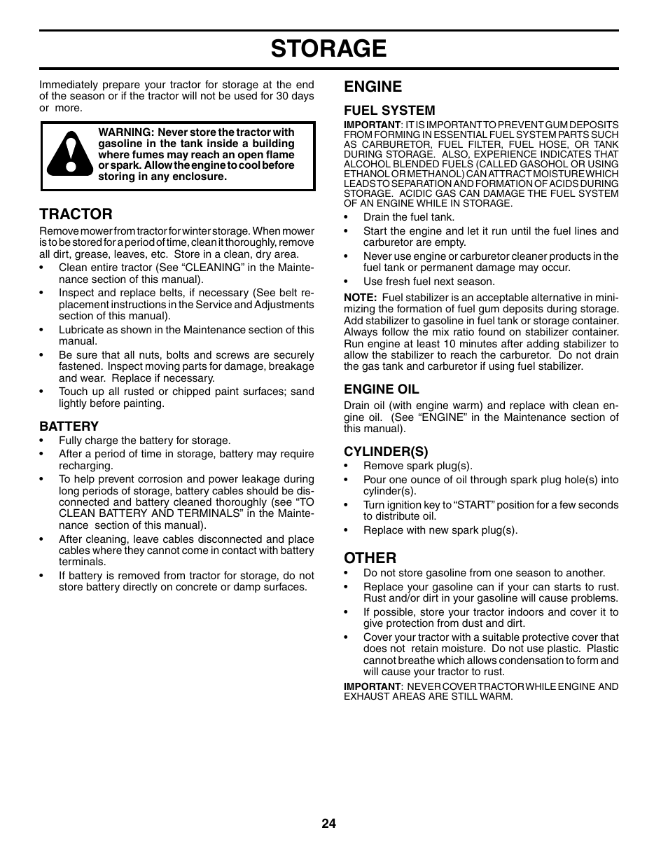 Storage, Tractor, Engine | Other | Poulan 184518 User Manual | Page 24 / 48
