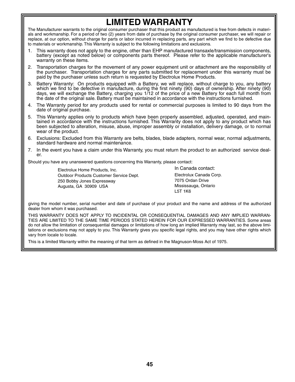 Limited warranty | Poulan 184518 User Manual | Page 45 / 48